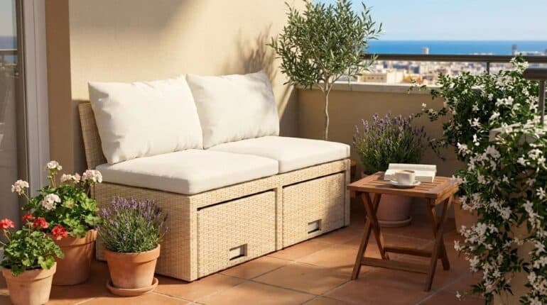 liten balkongsoffa med förvaring