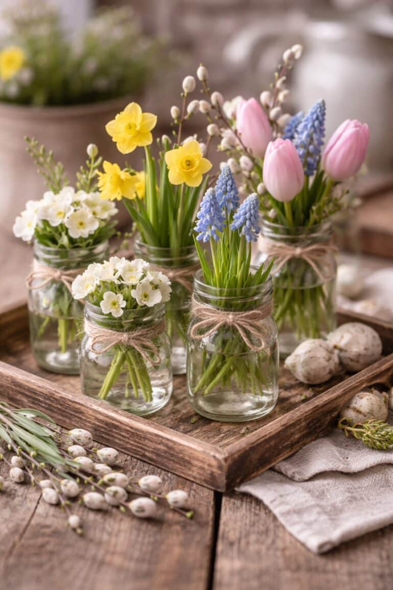 vårblommor i glasburkar