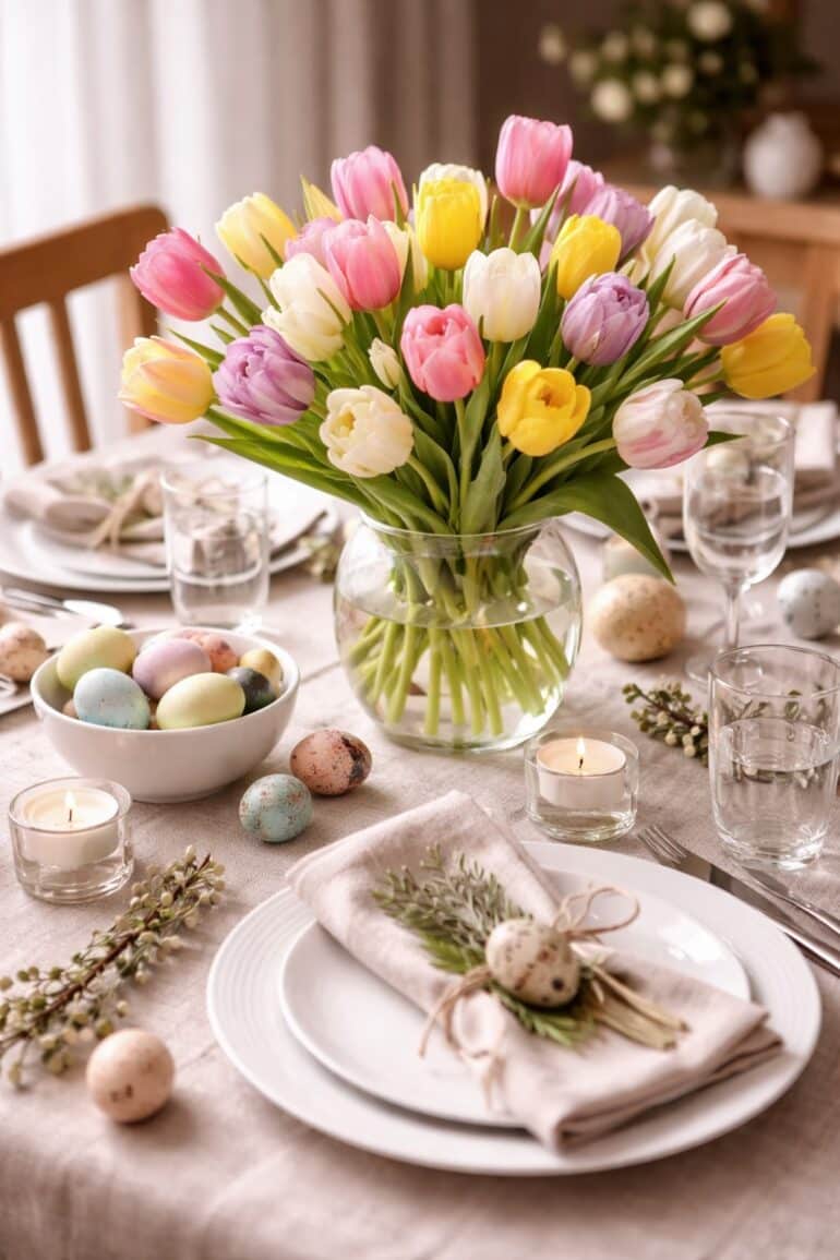 påskbord med tulpaner