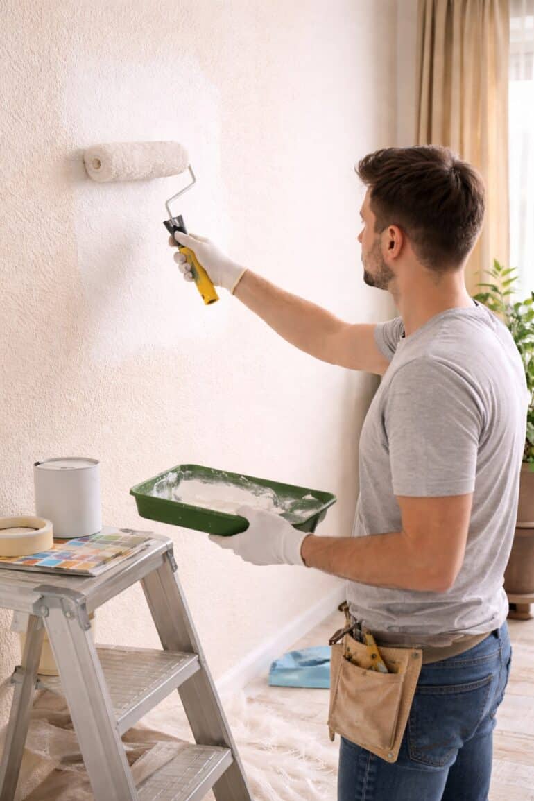 man målar strukturtapet