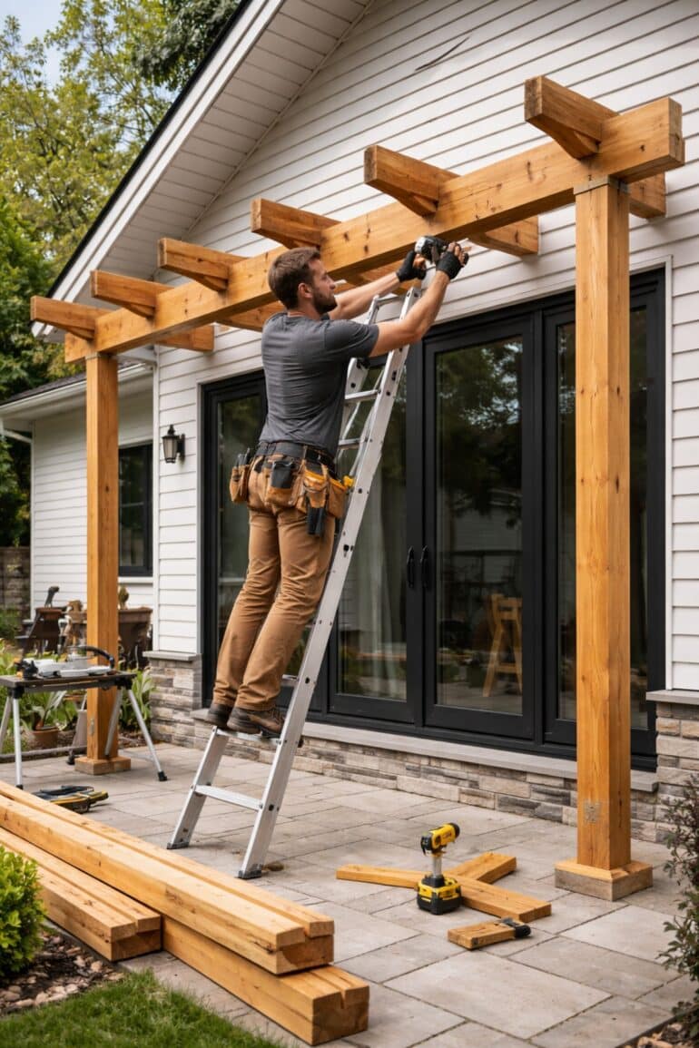 bygga pergola mot vagg