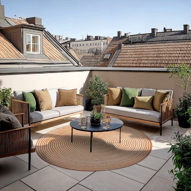 gul utematta på stor balkong