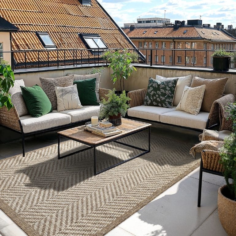 stor jutematta på balkong med gröna kuddar.