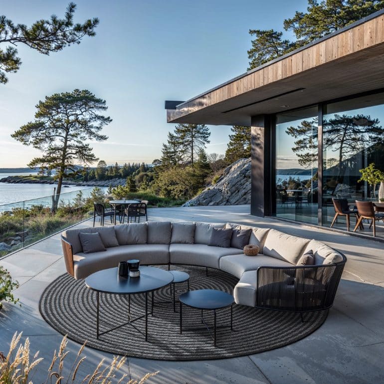 stor rund grå utematta på uteplats