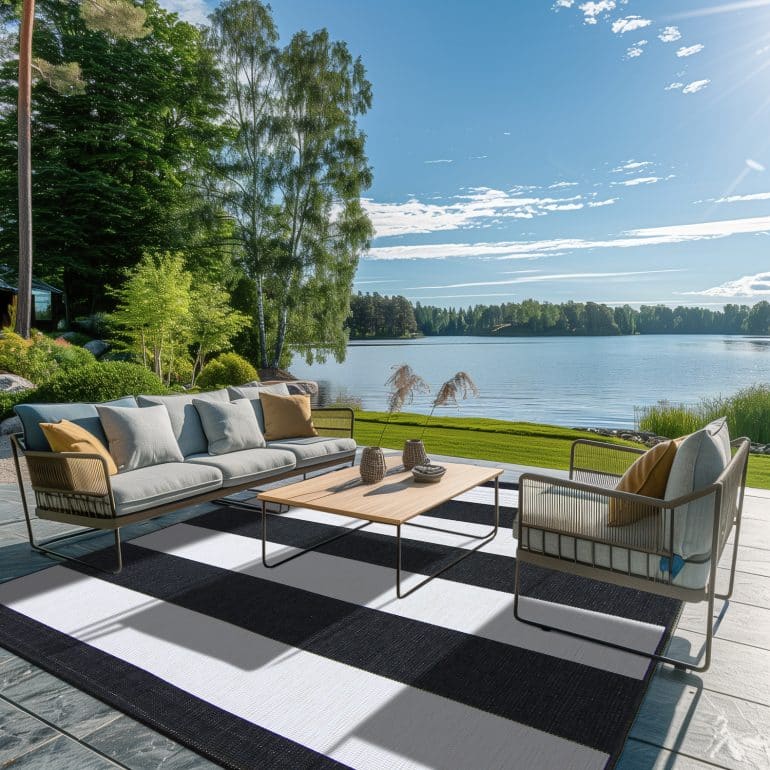 stor svartvit utematta på stor uteplats