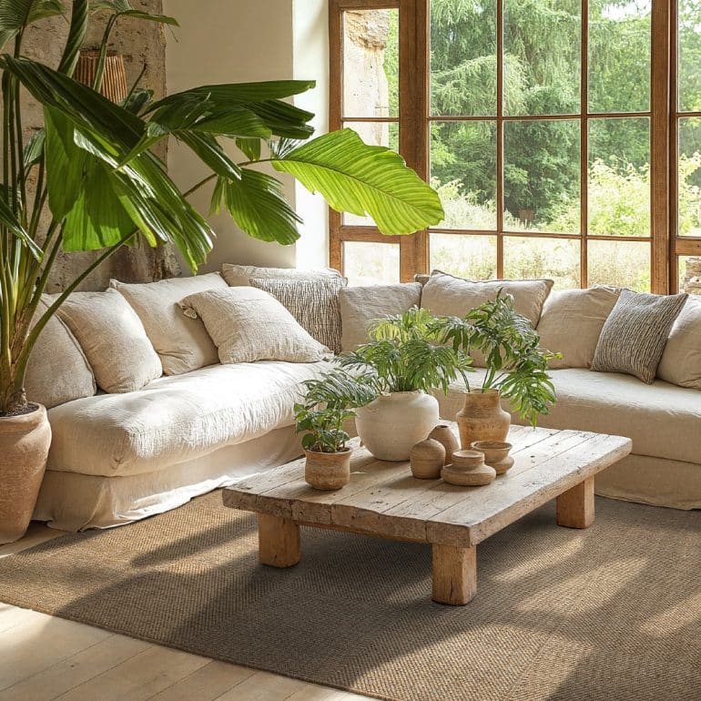 utematta i rum med beige soffa och grön växt.