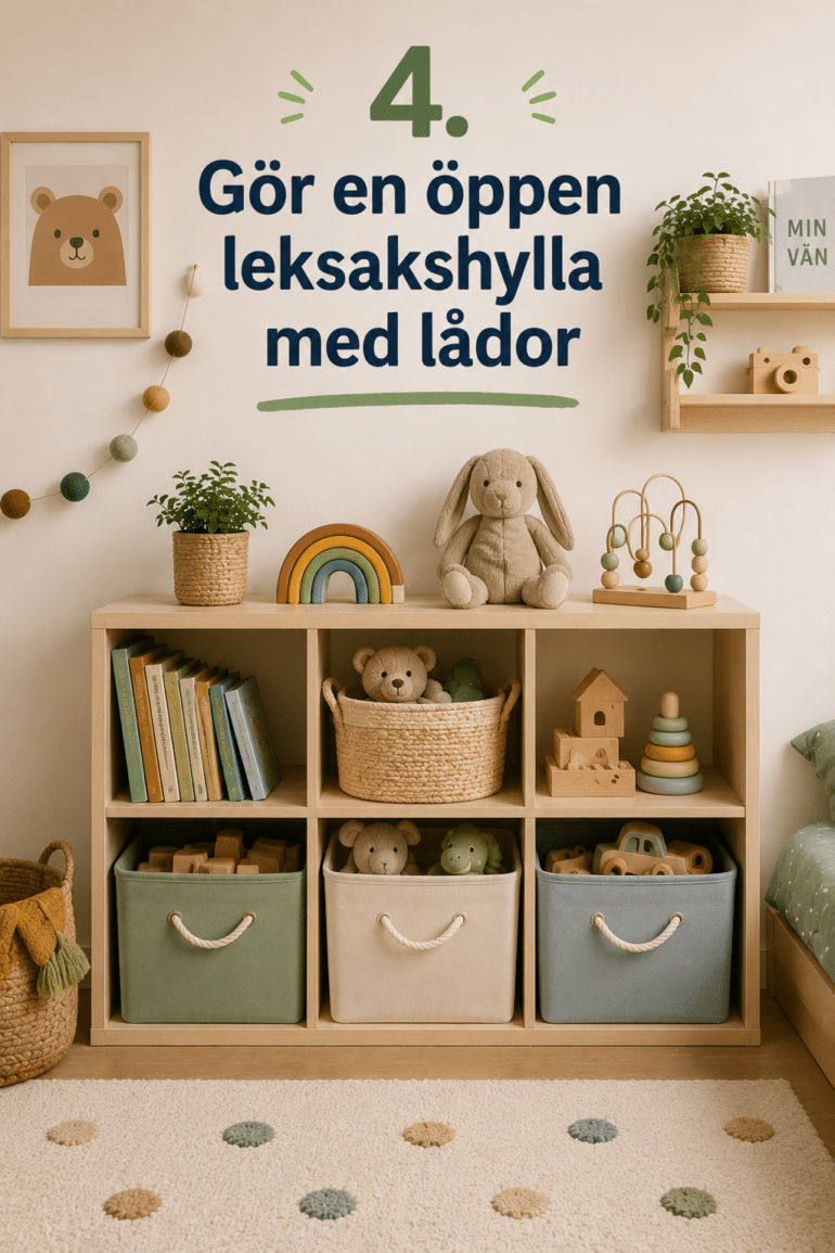 bygga öppen leksakshylla med lådor