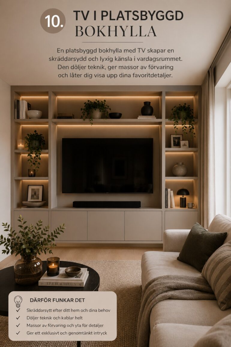 tv i platsbyggd bokhylla