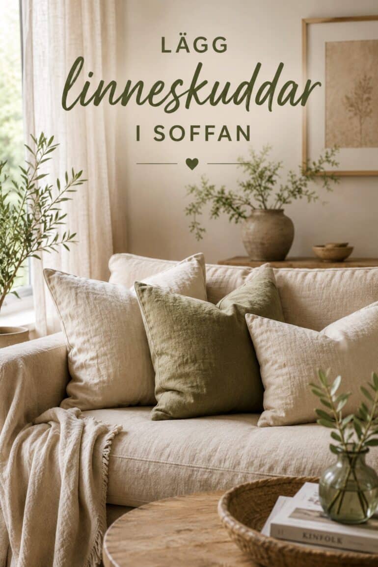 inreda med linnekuddar soffa