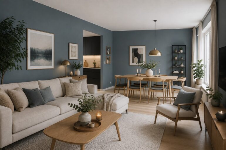 Vardagsrum blågrå väggar inspo